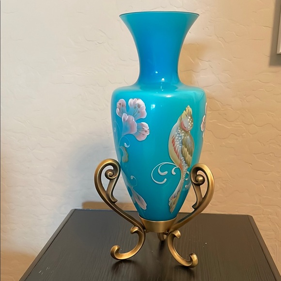 Fenton Other - Elegant Blue Floral Vase with Gold Stand